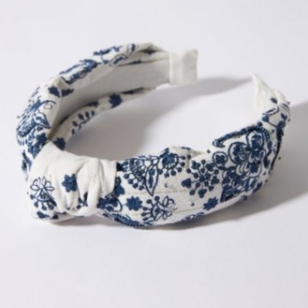 Anthropologie Francine Embroidered headband - blue white floral